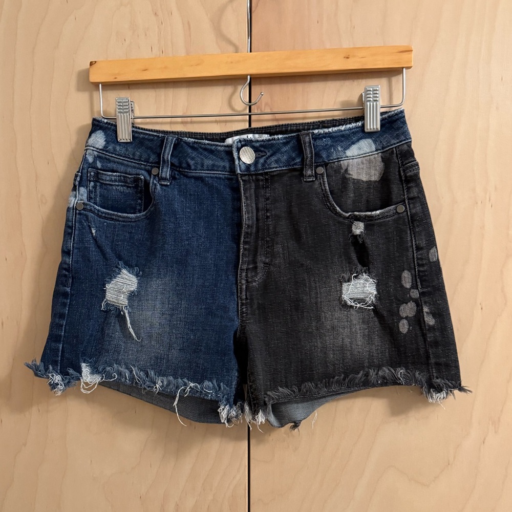 Cabi Park Colorblock Distressed and Raw Hem Blue and Black Denim Jean Shorts